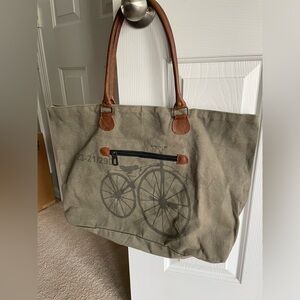 Cotton vintage print tote bag with leather handles